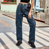 Washed Semi Elastic Personality Denim Cargo Pants Casual Pants